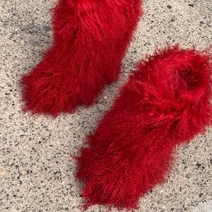 Red real fur shaggy boots